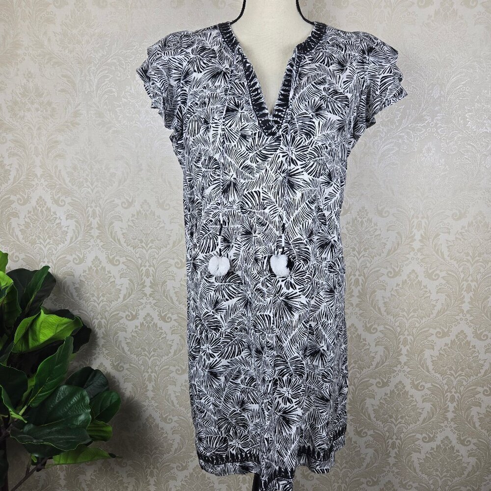 Vineyard Vines Size Small Black and White Linen Shift Dress Split Neck Short Slv